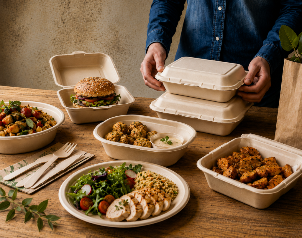 Bagasse food packaging solutions including clamshell containers, round plates, food containers and wooden cutlery for takeaway and foodservice businesses.
