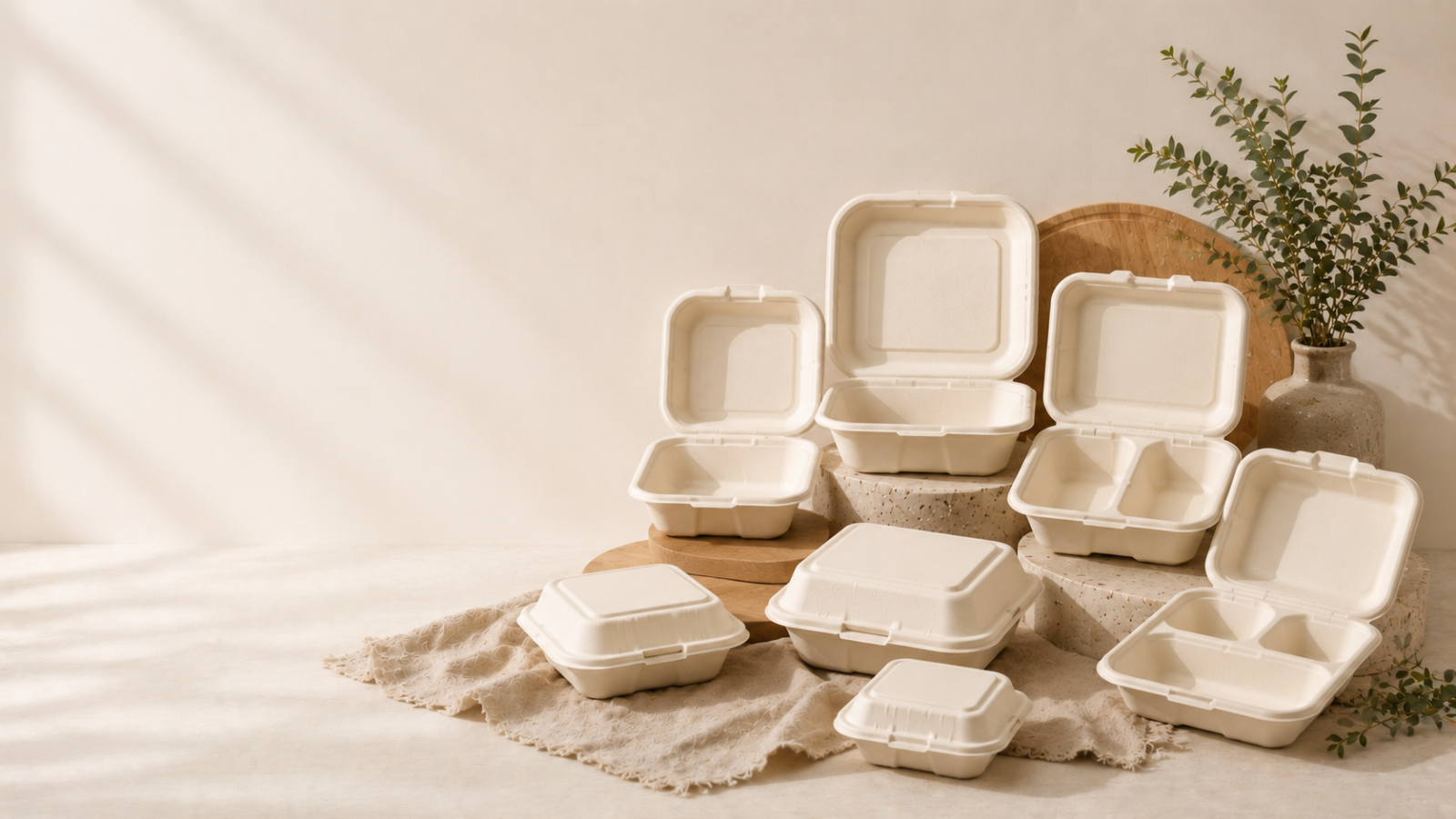 Collection of compostable bagasse clamshell containers designed for takeaway, food delivery and sustainable food service packaging.
