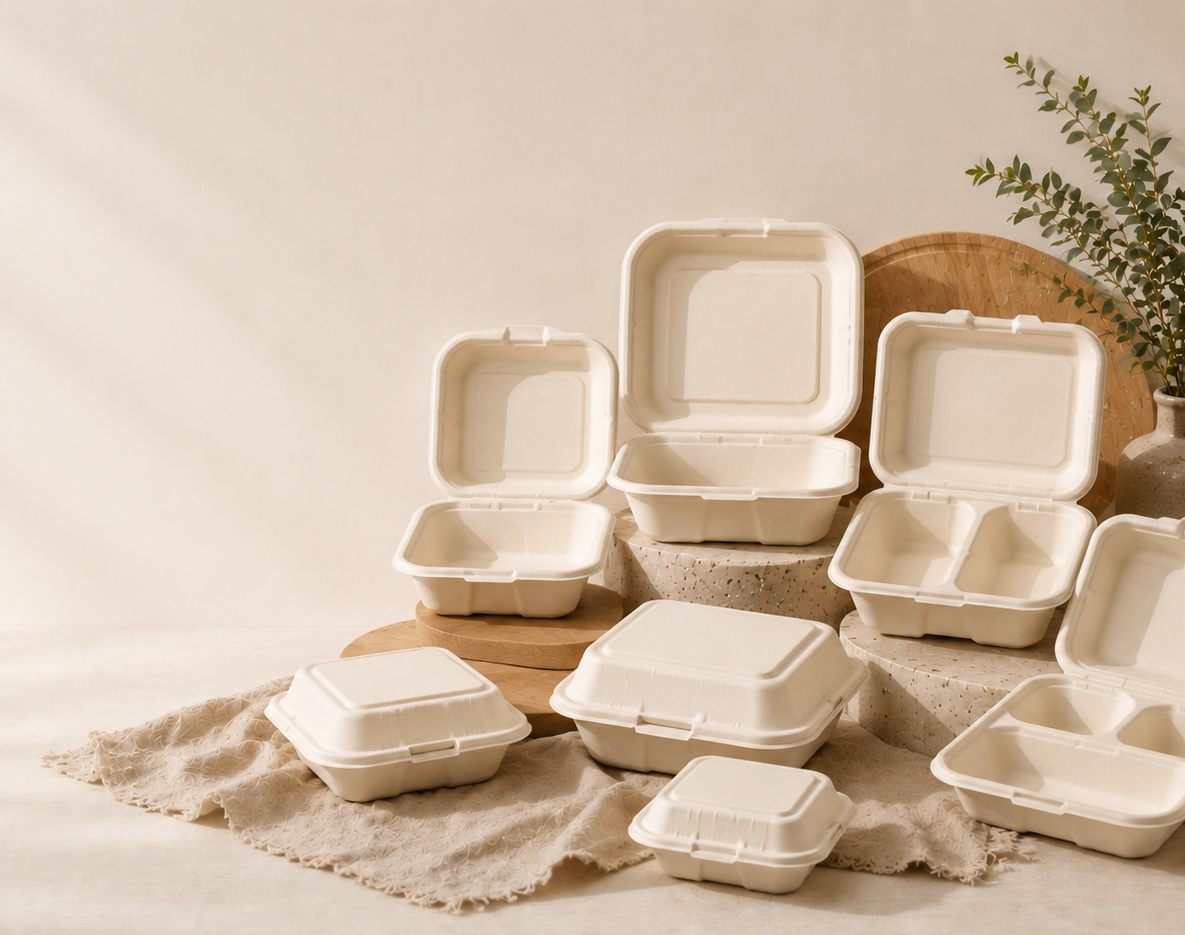 Close-up of durable compostable bagasse clamshell containers showing sturdy construction for takeaway and food delivery applications.