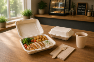 Compostable bagasse clamshell container used for takeaway meal packaging in a modern restaurant environment.