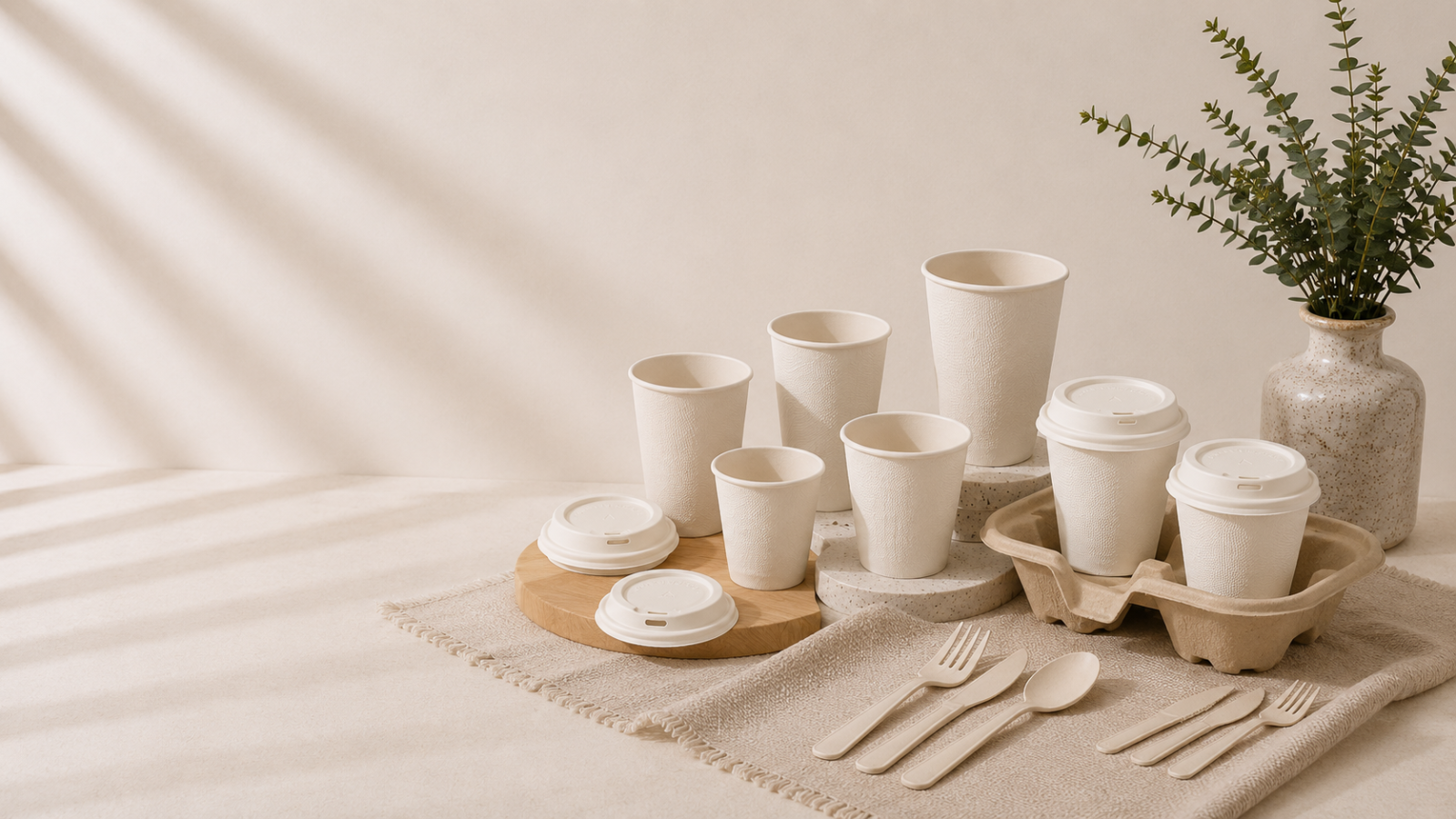 Collection of compostable bagasse cups and accessories for coffee, tea and sustainable hot beverage packaging.