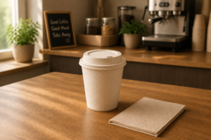 Compostable bagasse cup used for serving freshly brewed coffee in a modern café environment.