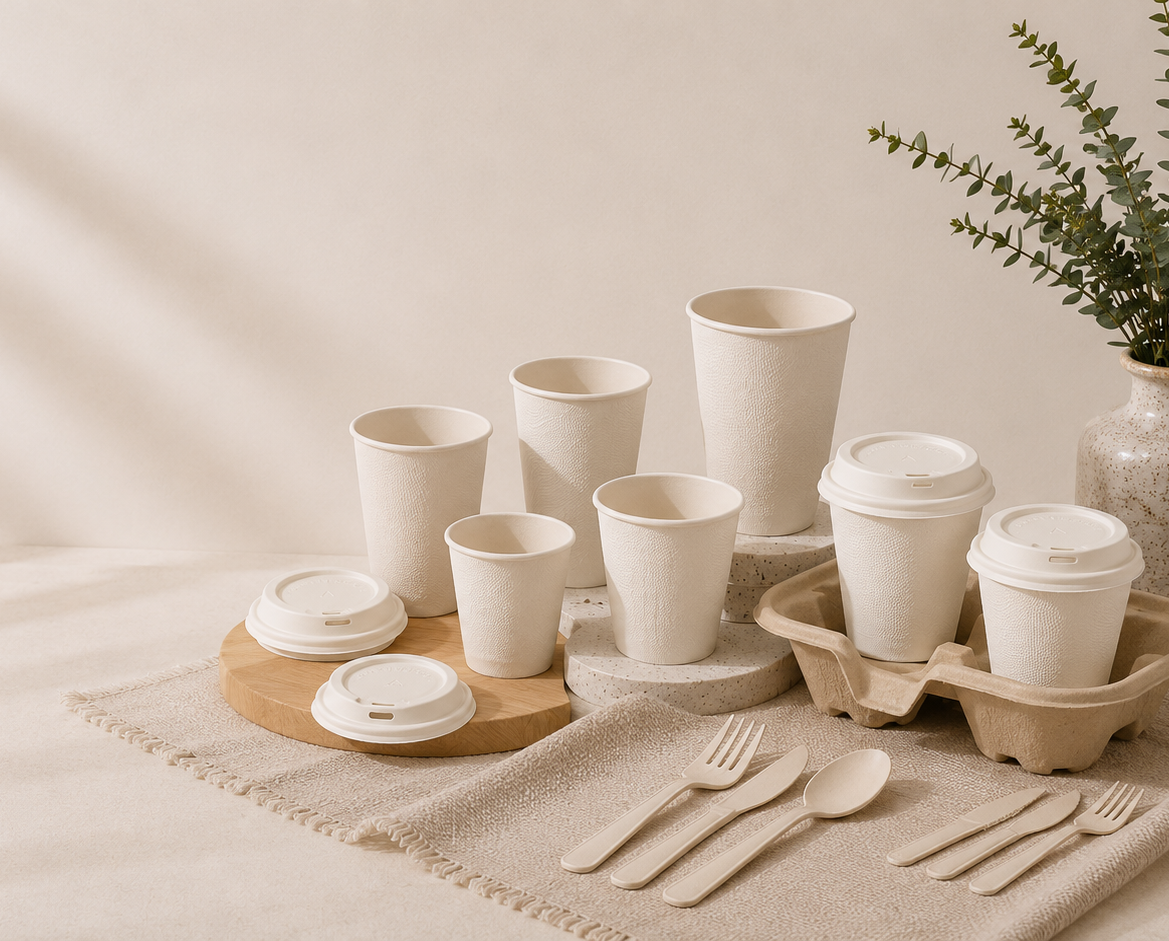 Close-up of durable compostable bagasse cups and lids designed for hot beverage service and takeaway applications.