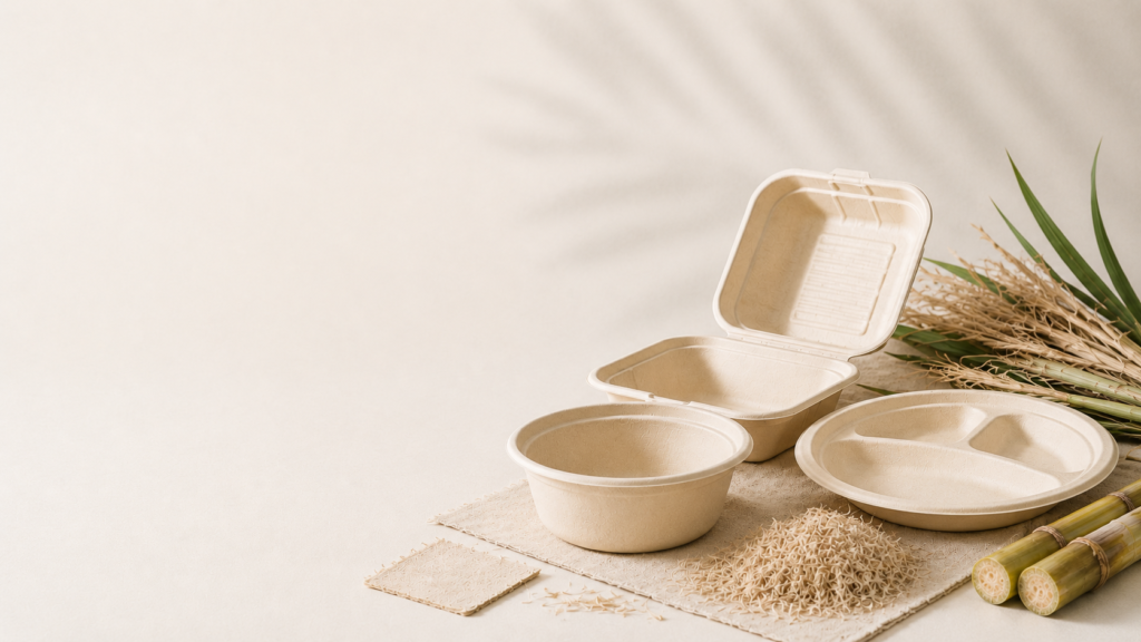 Bagasse food containers made from sugarcane fiber, including clamshells, bowls, and compartment plates, illustrating sustainable food packaging solutions.