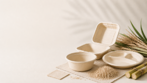 Bagasse food containers made from sugarcane fiber, including clamshells, bowls, and compartment plates, illustrating sustainable food packaging solutions.