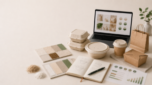 Food packaging design concepts featuring bagasse containers, paper packaging, material samples, and sustainability planning for future food packaging trends.