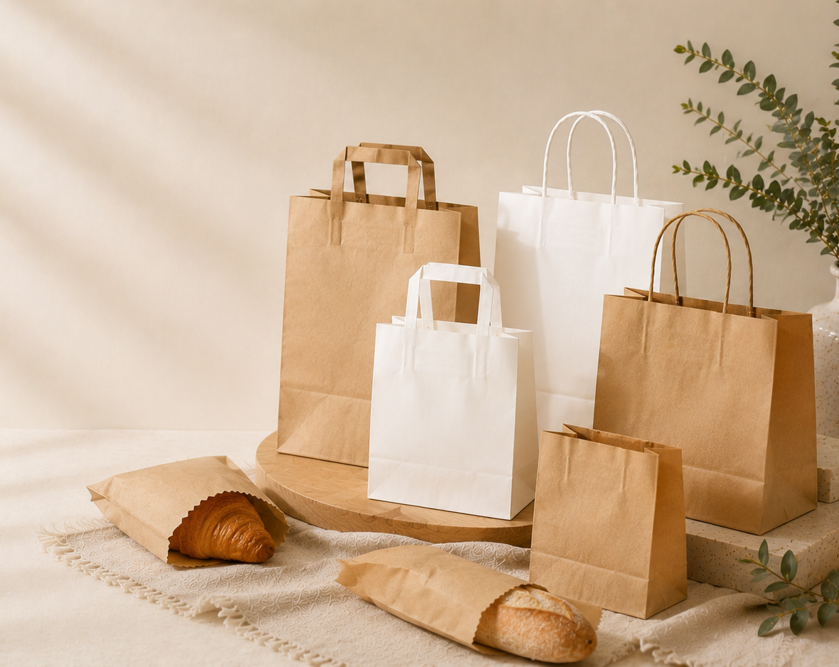 Close-up of durable kraft paper bags showing sturdy construction for takeaway and food service packaging.