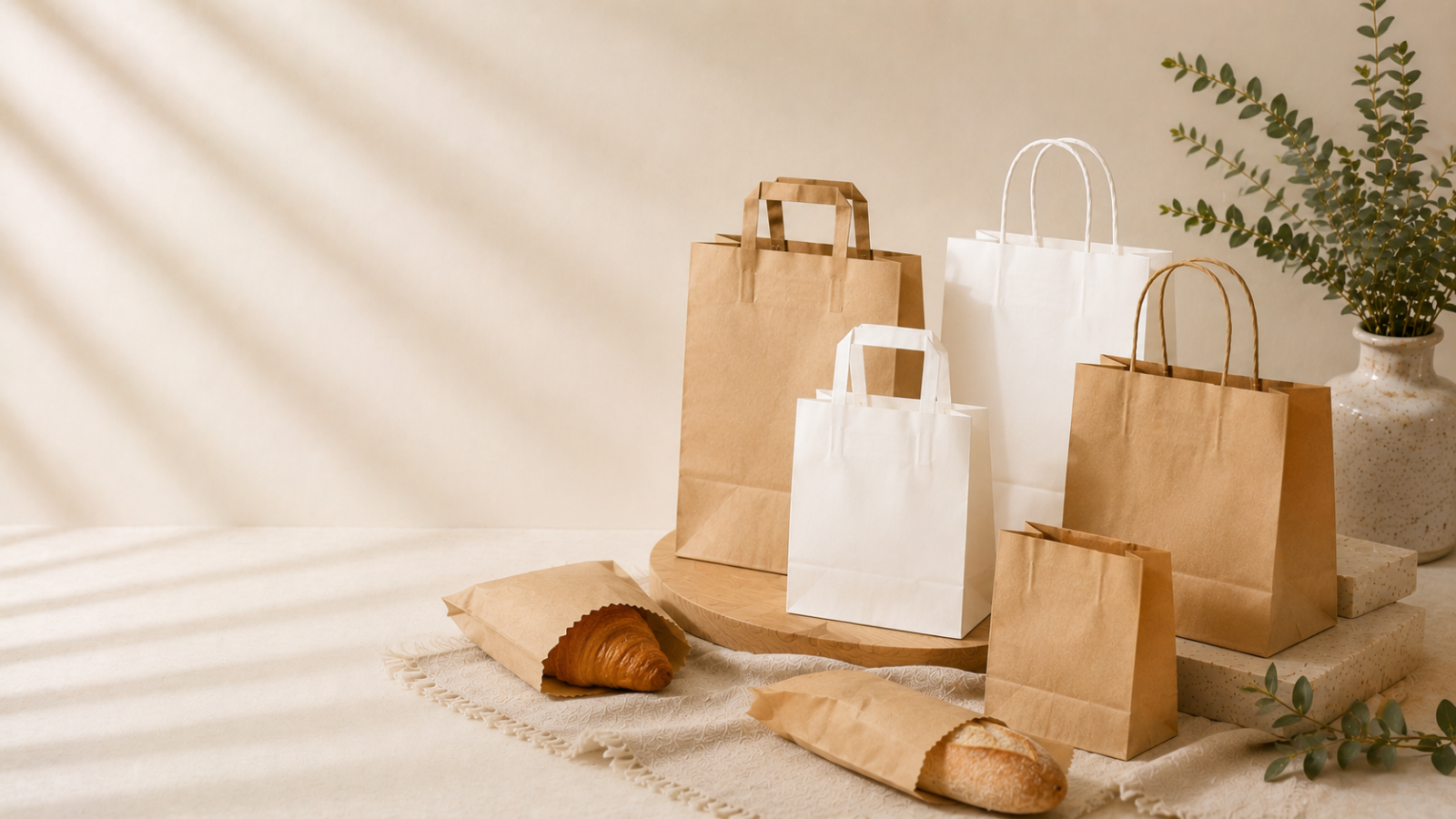 Collection of kraft paper bags for takeaway, food delivery and sustainable food packaging applications.