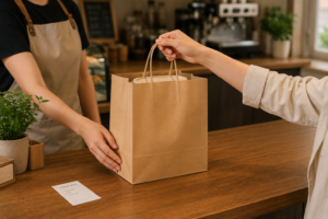 Customer receiving a takeaway order packed in a kraft paper bag at a modern restaurant counter.