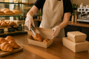 Bakery staff packing freshly baked pastries into kraft paper food boxes in a modern bakery environment.