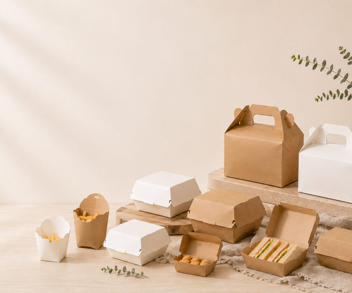 Close-up of durable kraft paper food boxes designed for takeaway meals, bakery products and food service packaging.