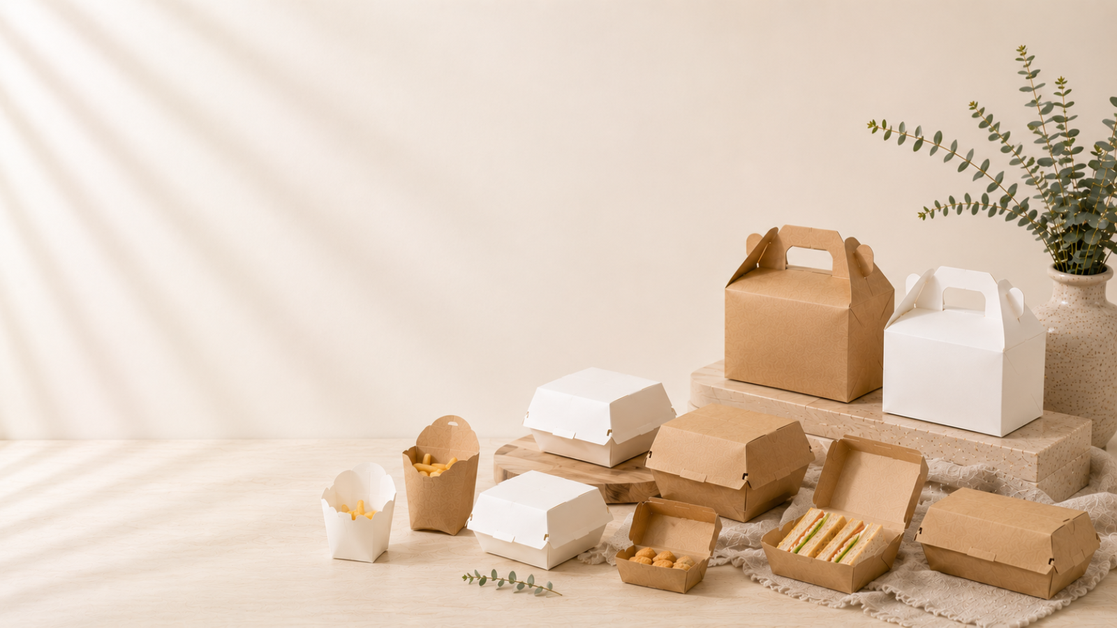 Collection of kraft paper food boxes for bakery, takeaway meals and sustainable food packaging applications.