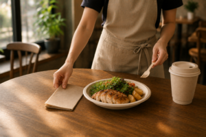Restaurant staff placing kraft paper napkins on a dining table before serving guests in a modern café environment.