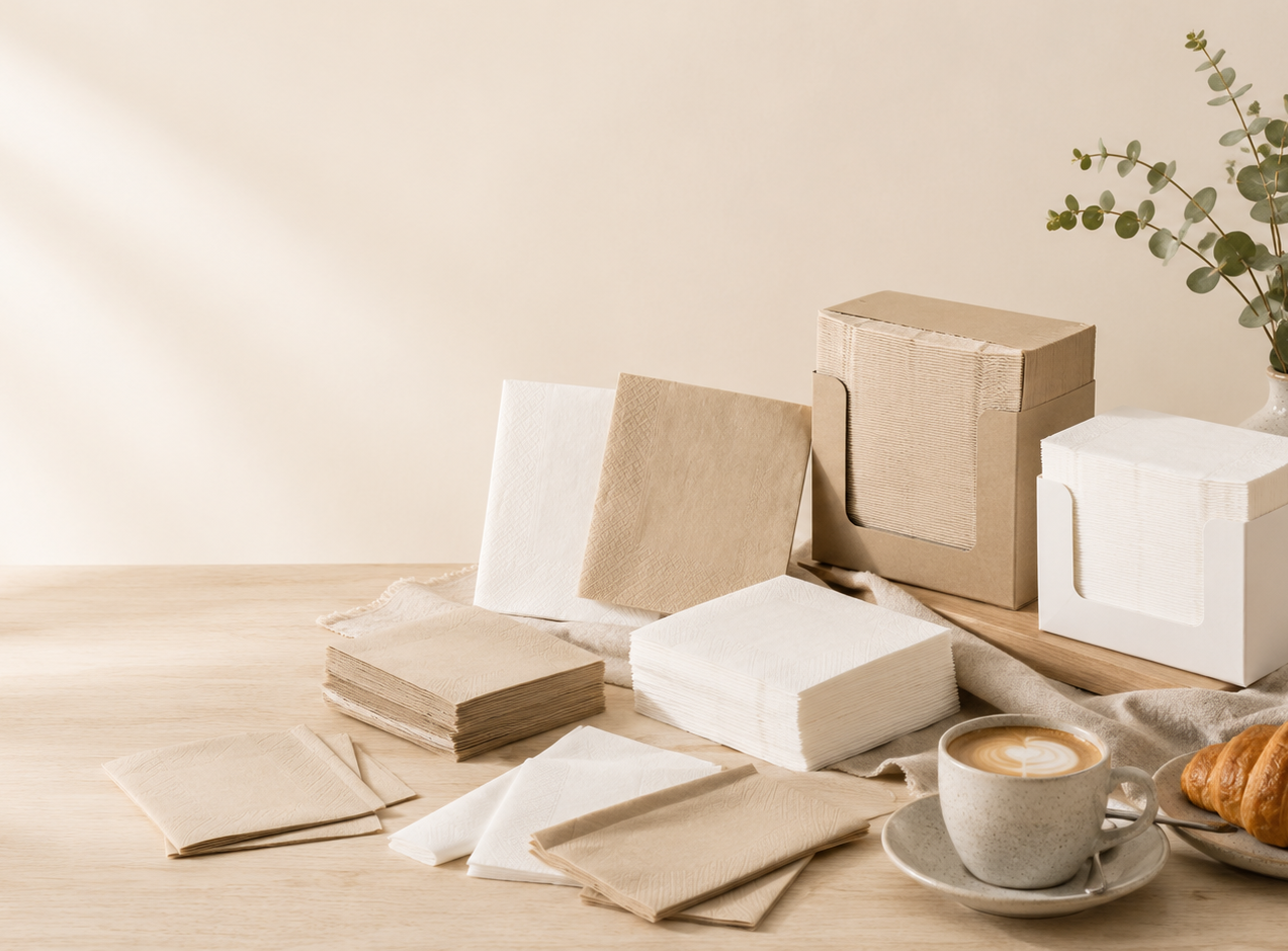 Close-up of durable and absorbent kraft paper napkins for professional food service and hospitality applications.