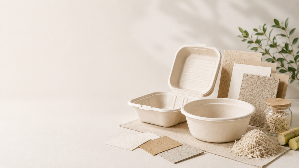 Bagasse food containers, natural fiber materials, and sugarcane bagasse illustrating PFAS-free food packaging solutions for sustainable food service packaging.