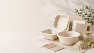 Bagasse food containers, natural fiber materials, and sugarcane bagasse illustrating PFAS-free food packaging solutions for sustainable food service packaging.