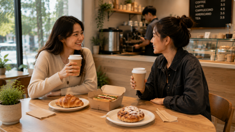 Customers enjoying coffee and light food served in sustainable paper cups, bagasse plates, and paper food packaging in a modern café environment, demonstrating practical café and beverage packaging solutions.