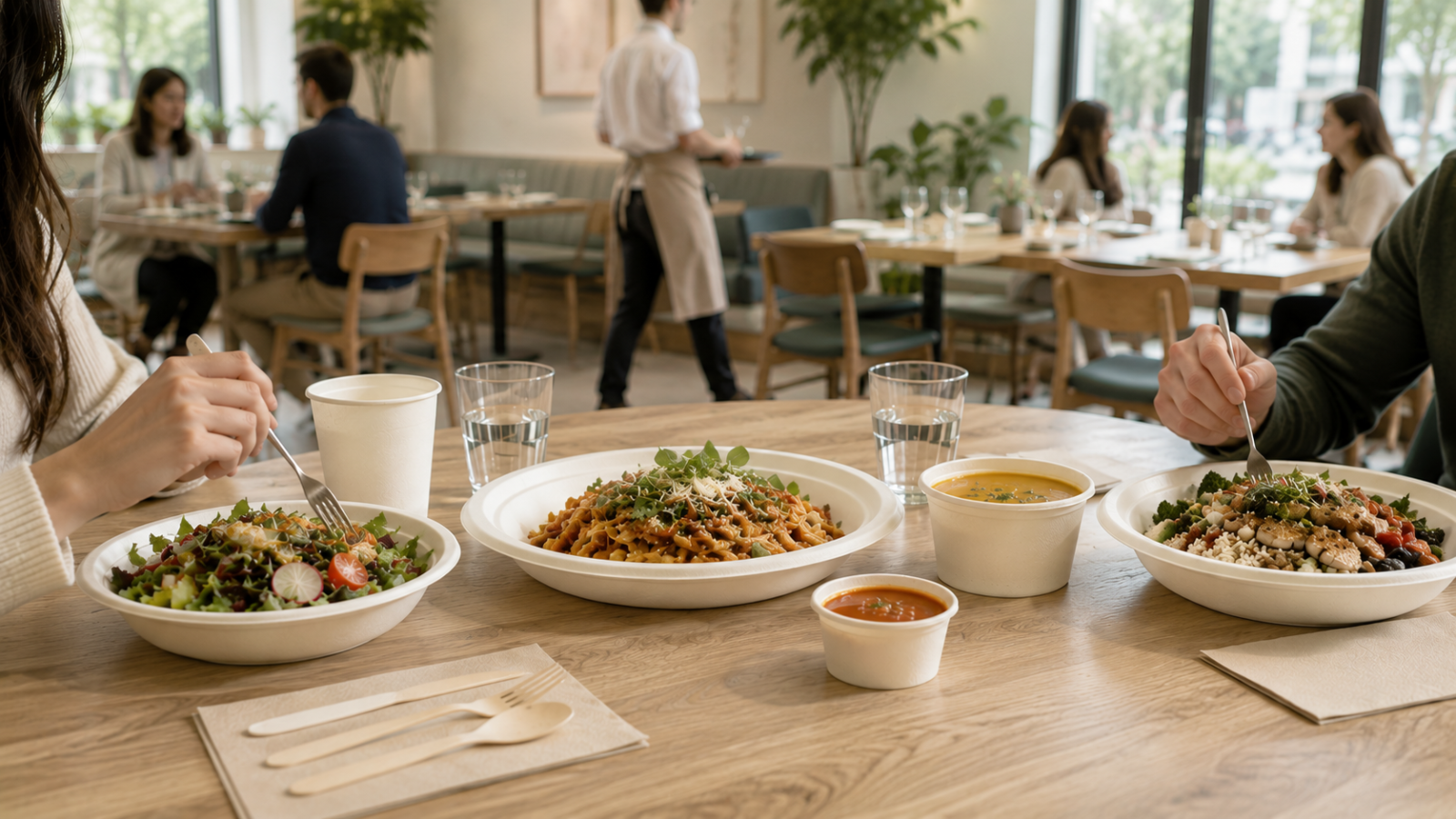 Modern restaurant dining scene featuring sustainable bagasse food packaging, including plates, bowls, cups, and wooden cutlery used in a real food service environment.