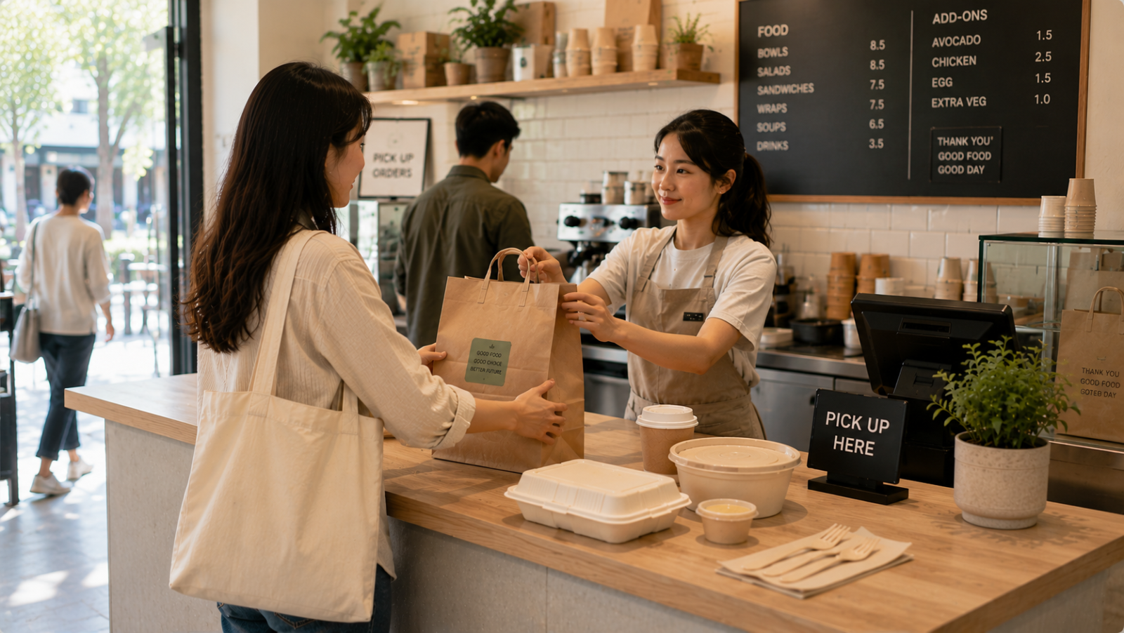 Customer picking up a takeaway order packed in sustainable bagasse food packaging with paper bags, paper cups, and compostable containers at a modern food service counter.