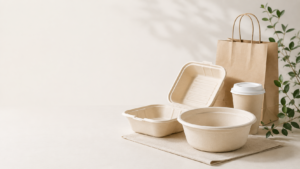 Bagasse food containers, paper takeaway bag, and paper cup representing sustainable food packaging solutions for modern food service businesses.