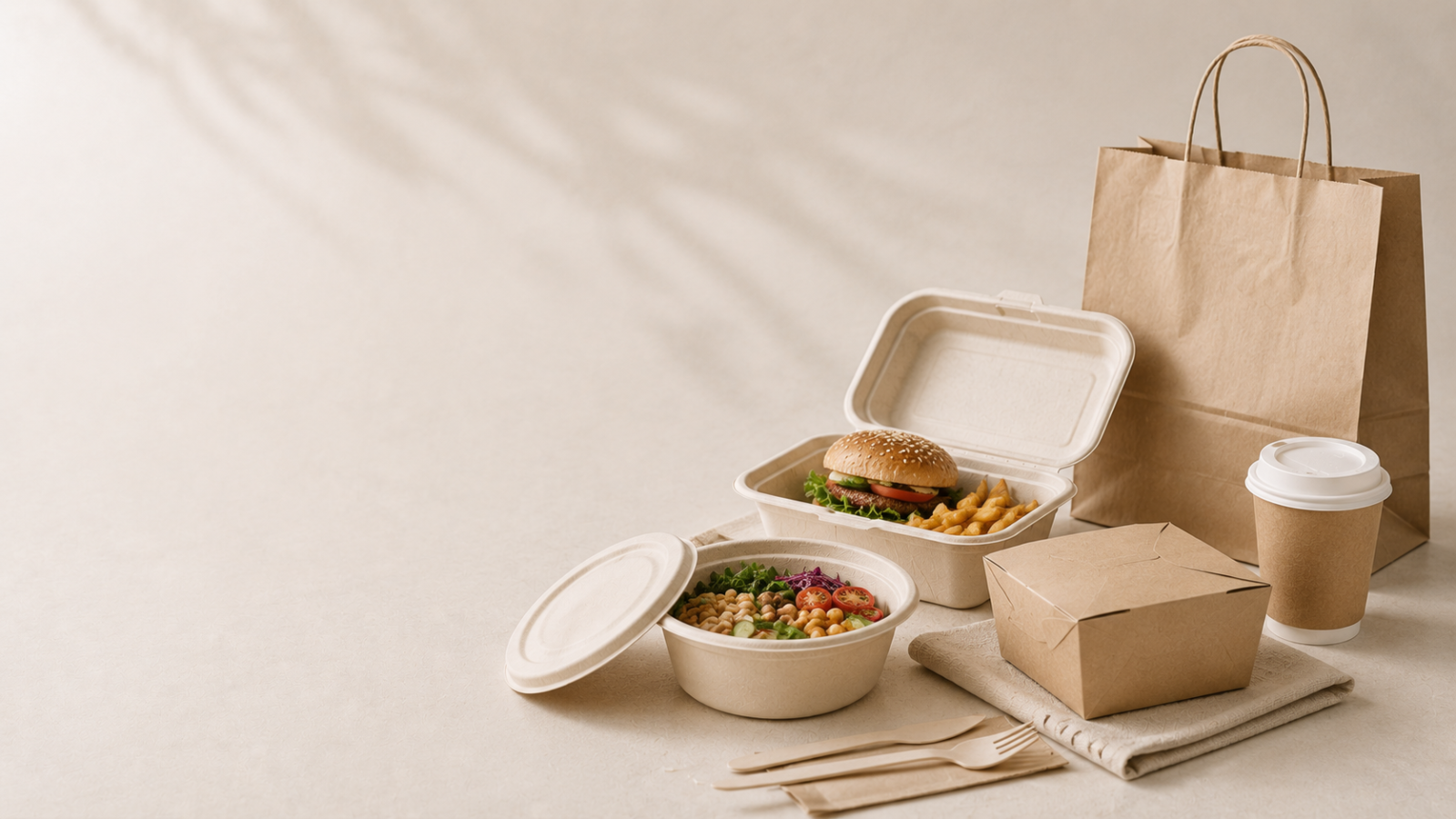 Takeaway food packaging set including bagasse food containers, paper food box, takeaway paper bag, paper cup, and wooden cutlery for food delivery and takeaway businesses.