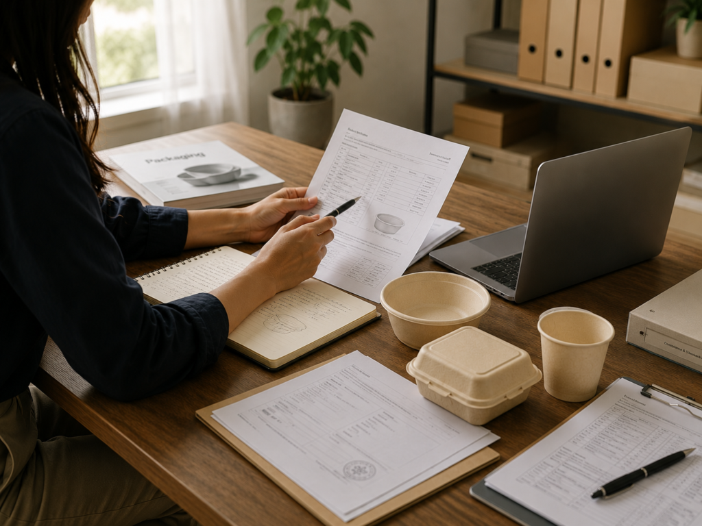 Packaging consultant reviewing food packaging specifications and compliance documents with sustainable packaging samples in a modern workspace.