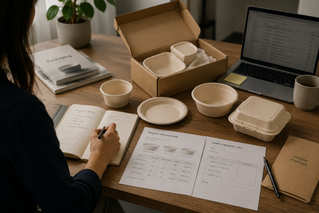 Packaging consultant preparing eco-friendly food packaging samples while reviewing product specifications in a modern workspace.