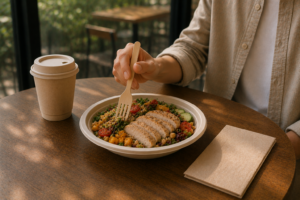 Customer using a compostable wooden fork while enjoying a healthy meal in a modern café dining environment.