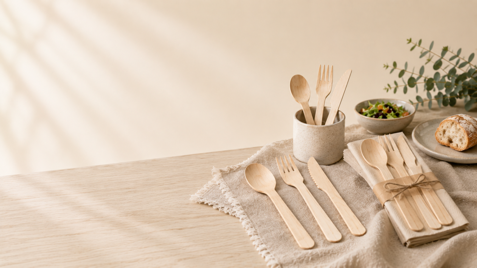 Collection of compostable wooden cutlery including forks, knives and spoons for restaurants, cafés and sustainable food service.