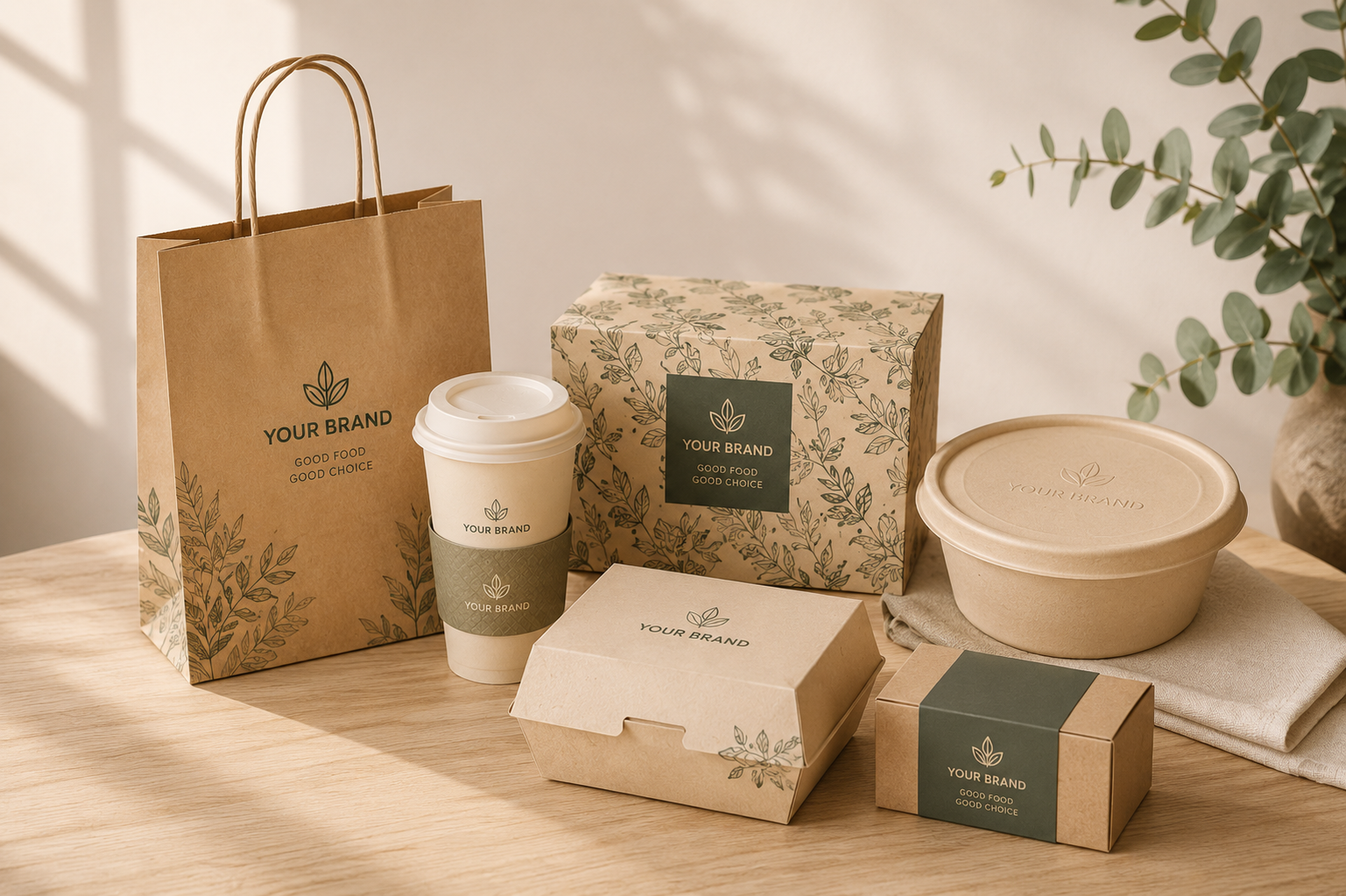 Custom branded food packaging including printed paper bags, paper food boxes, paper cups and molded fiber food containers for private label food service brands.