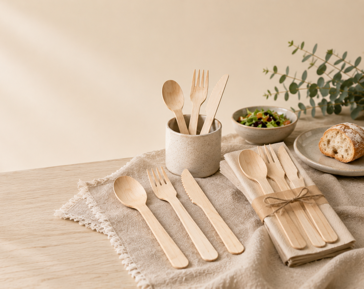 Close-up of durable compostable wooden cutlery showing a smooth finish and sturdy construction for professional food service.
